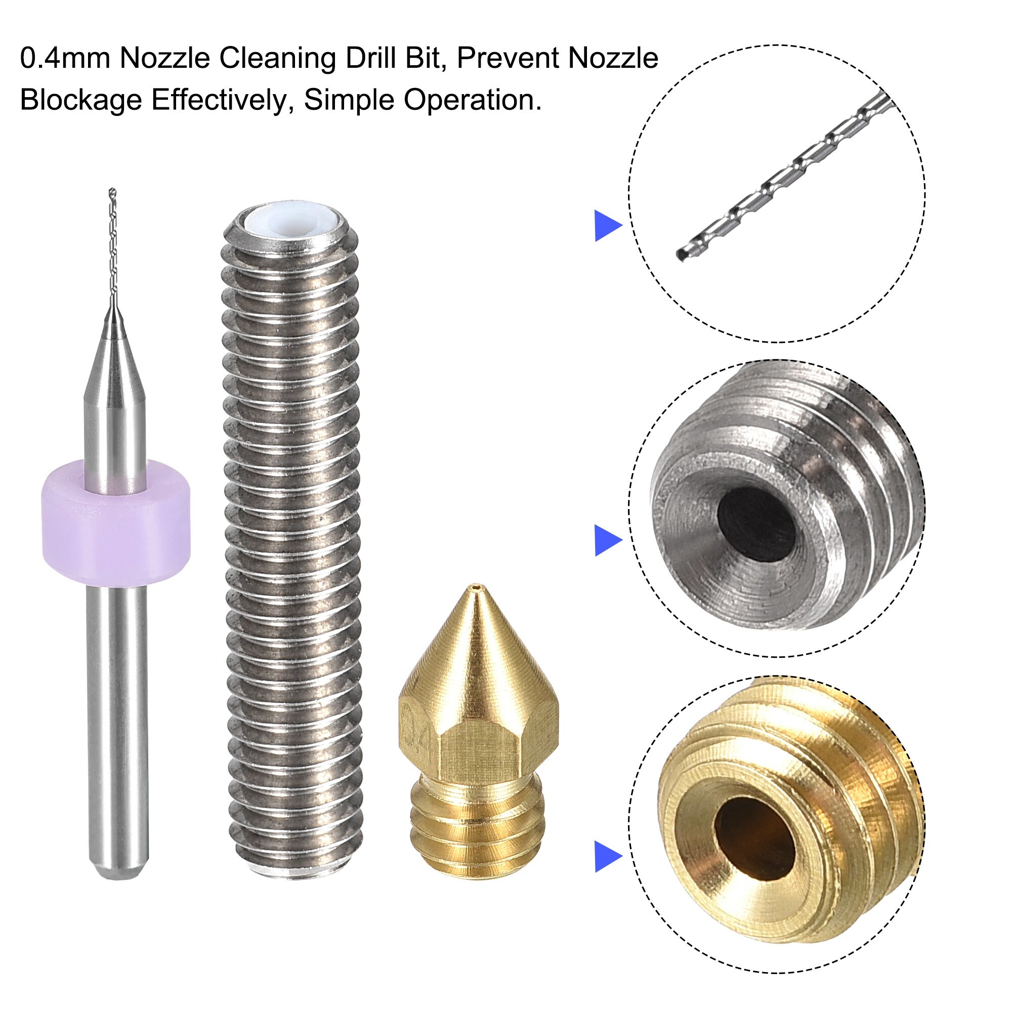 6Pcs 1.75mm Filament Throat Heat Hotend 6pcs 0.4mm Extruder Nozzle 2pcs Cleaning Drill Tool for 3D Printer 