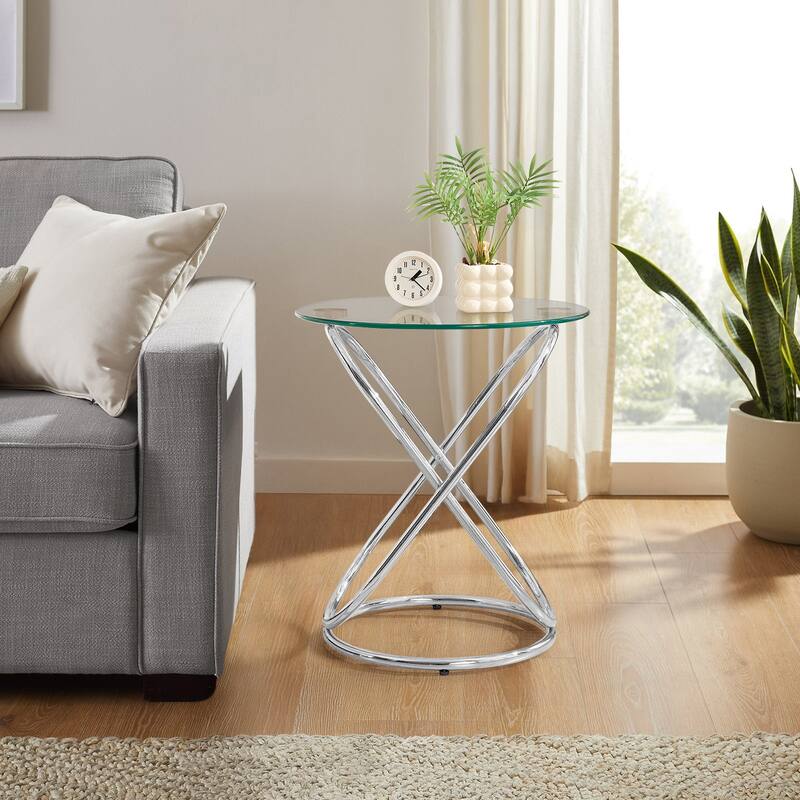 Tempered Glass Round Side/End Table with Metal Legs - 19.7"Dia Top x 21.7"H x 15.6"Dia Base