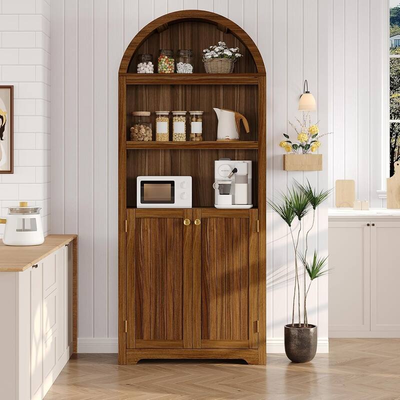 72 in 5-Tier Freestanding Arched Bookcase, Pantry Cabinet for Living Room, Office, Kitchen - Walnut
