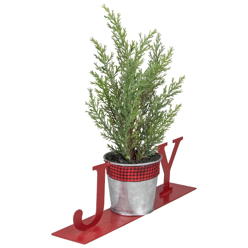 10" Red "JOY" Potted Faux Pine Metal Planter Christmas Tabletop Plaque