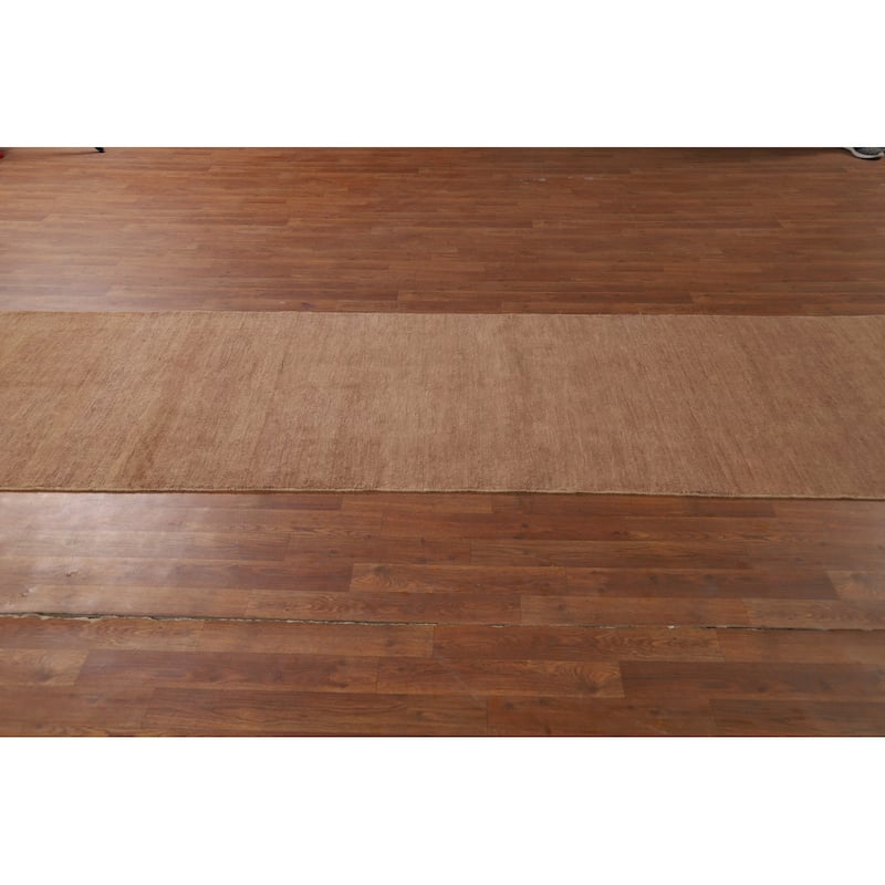 Brown Solid Gabbeh Oriental Runner Rug Hand-Knotted Wool Carpet - 3'0"x 12'9"
