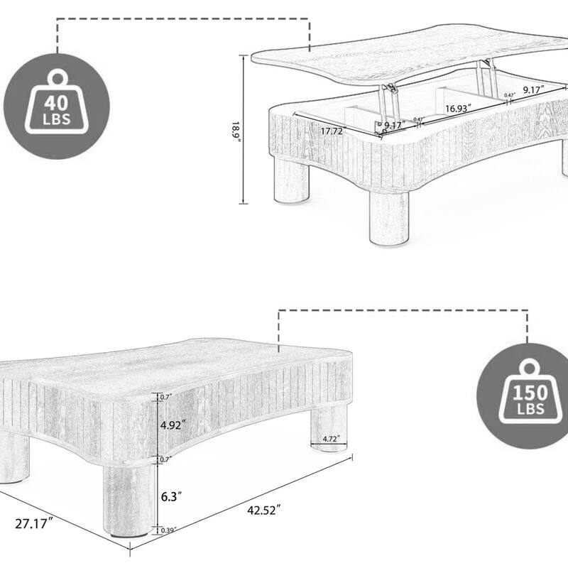 Lift Top Coffee Table with Fluted Panel Hidden Storage, Silent Hydraulic Lift and Curved Safety Corners