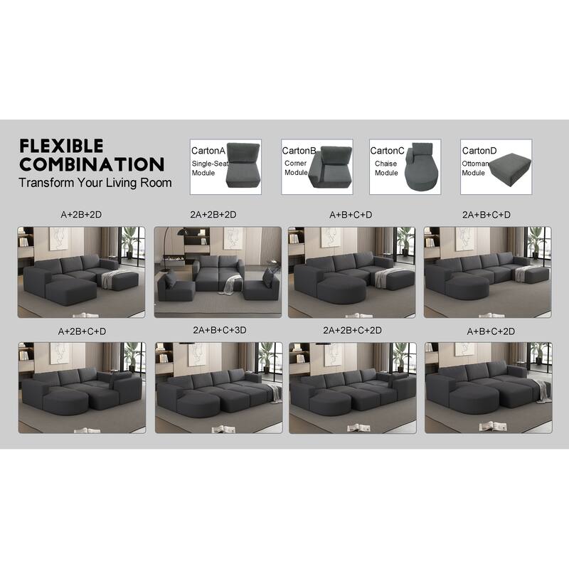 Customizable Yarn Fleece Sofa with Chaise & Ottoman - No Assembly Required