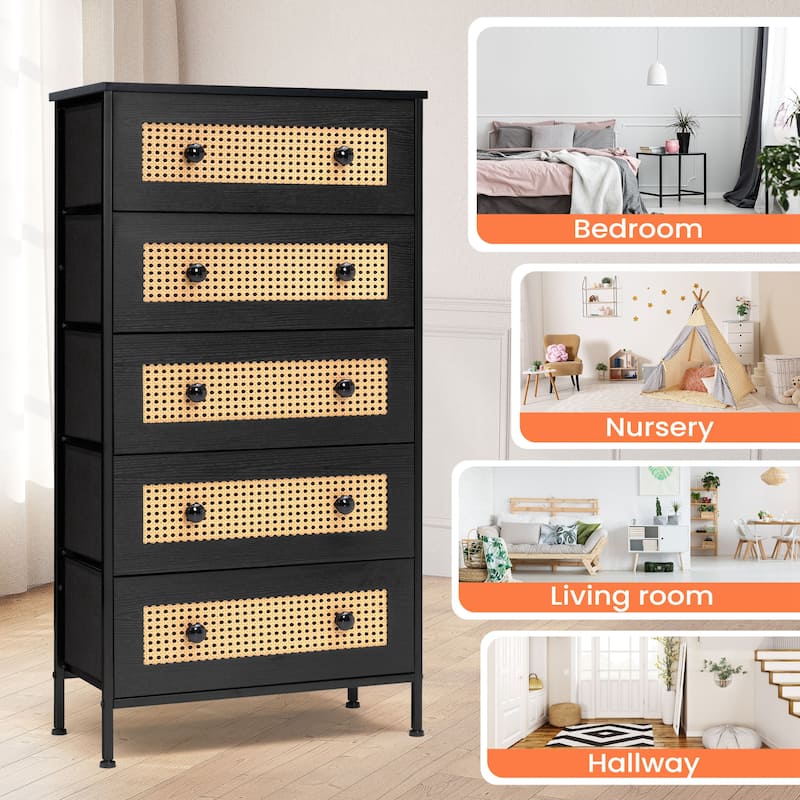 5-Drawer Closet Dresser Chest PE Rattan Storage Tower Organizer Cabinet