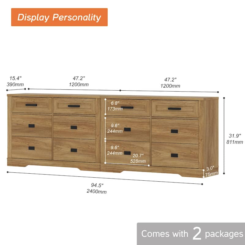 Wooden Dresser for Bedroom with 6 Drawers, 2 in 1 12 Drawer Farmhouse Storage Cabinet