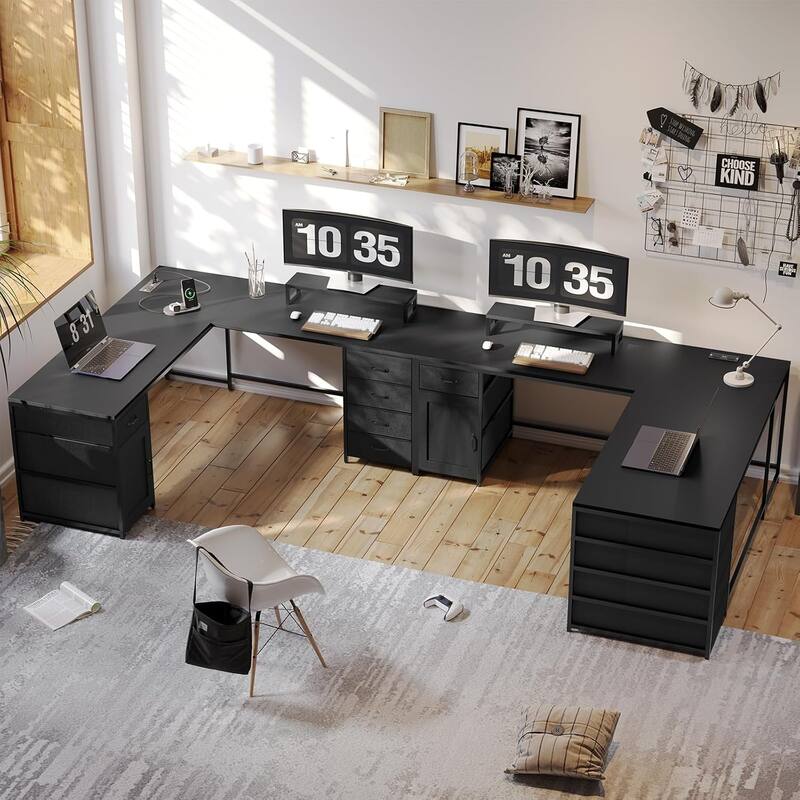 L Shaped Computer Desk 5 fabric Drawers Gaming Desk Storage Shelf