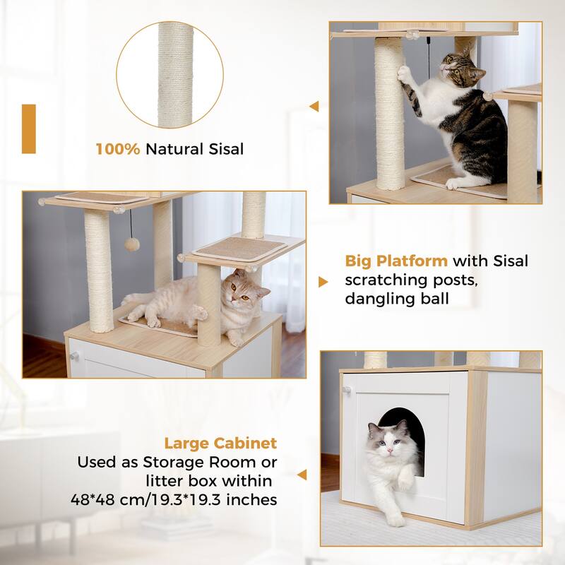 56.7" Cat Tree with Enclosure Large Litter Box, Cozy Cat Condo, Scratching Post and Repalcable Dangling Balls