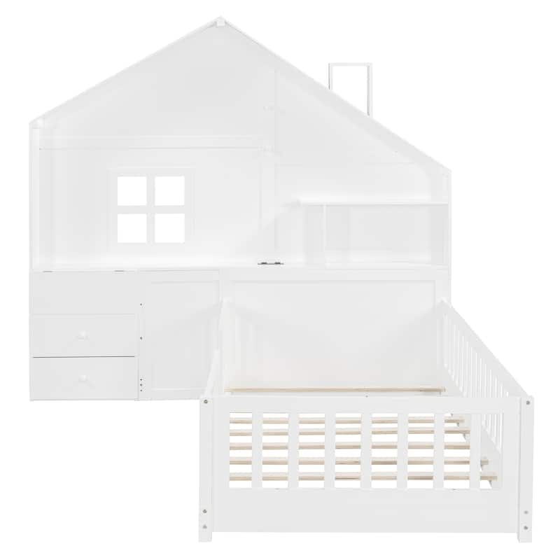 Twin Size House Platform Bed with Shelves, USB Port, and Drawers, White