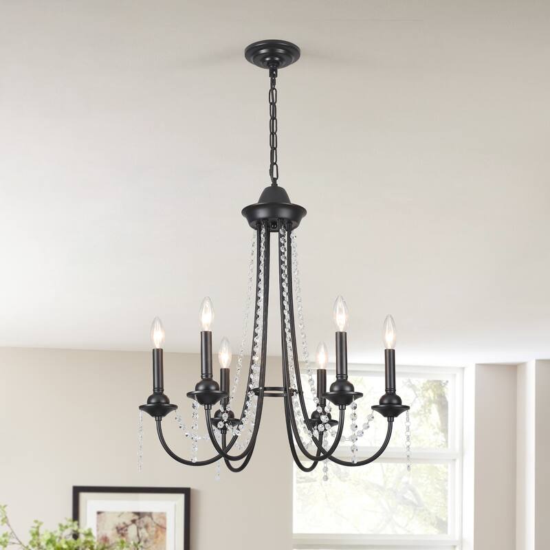 6-Light Candlestick Hanging Crystal Linear Chandelier Lighting for Kitchen Island - Black