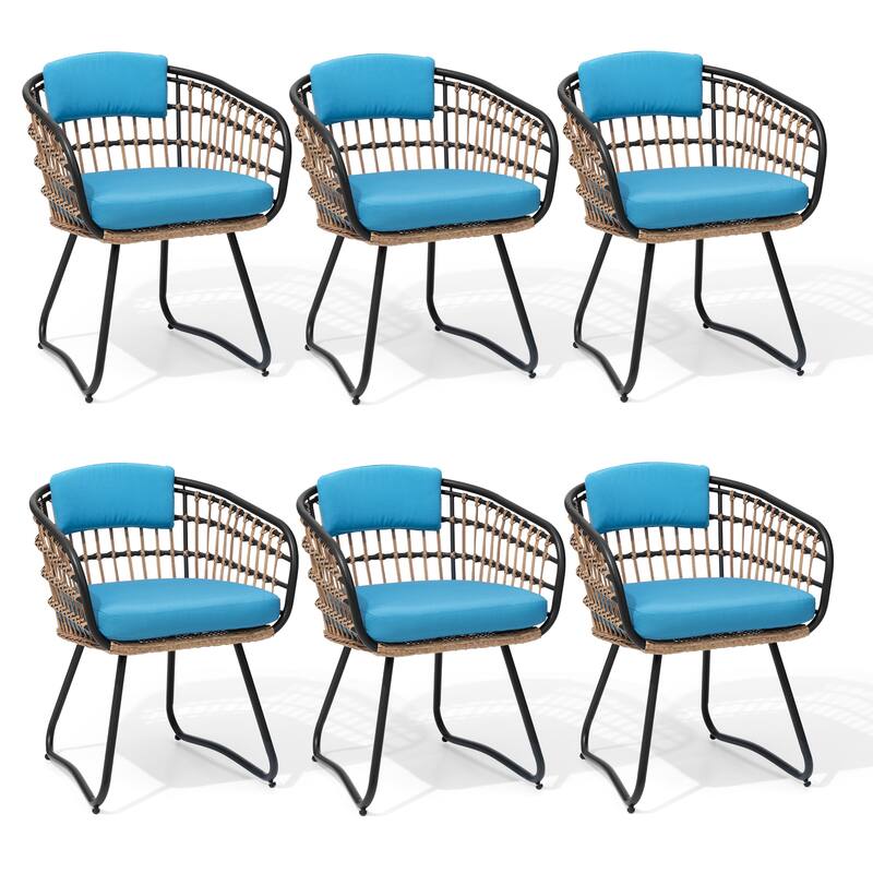 Outdoor Patio Wicker Dining Chairs PE Rattan Seating Set with Cushion - Blue-Set of 6