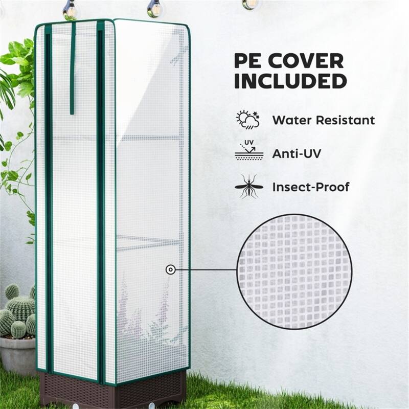 Brown and White Mini Greenhouse with PE Cover and Self-Watering System and Roll-Up Zipper