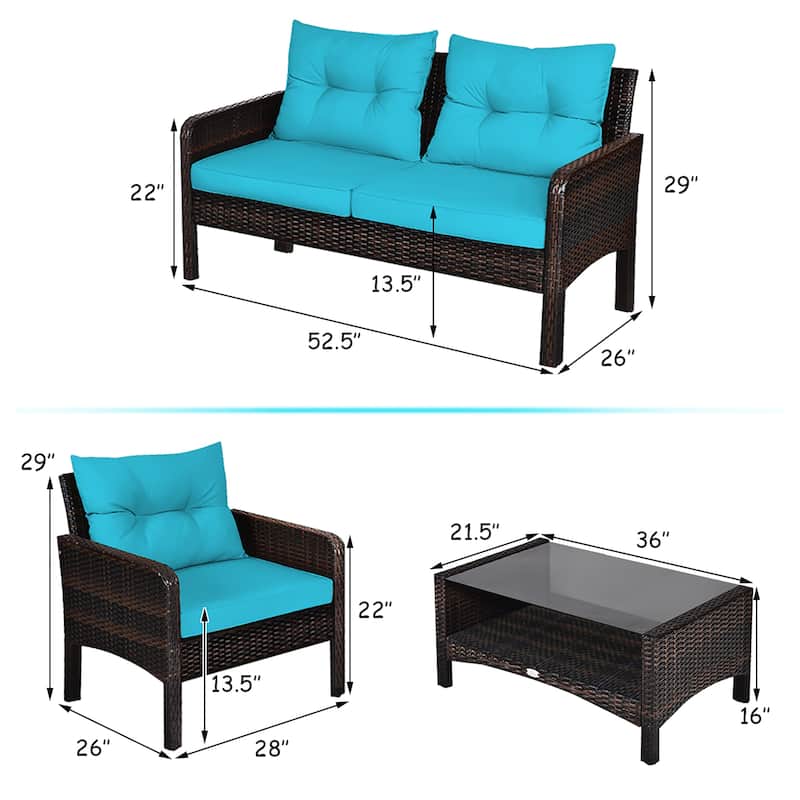 Costway 4PCS Patio Rattan Furniture Set Loveseat Sofa Coffee Table - 28'' x26'' x29''