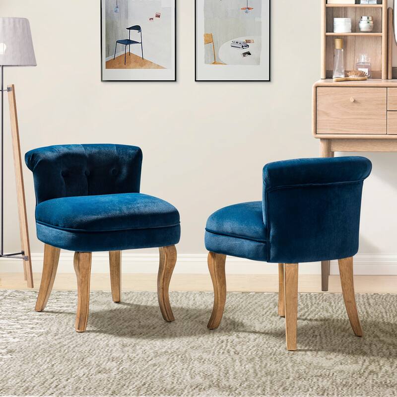Xacobo Modern Velvet Tufted Vanity Stool with Wood Legs Set of 2 by HULALA HOME - NAVY
