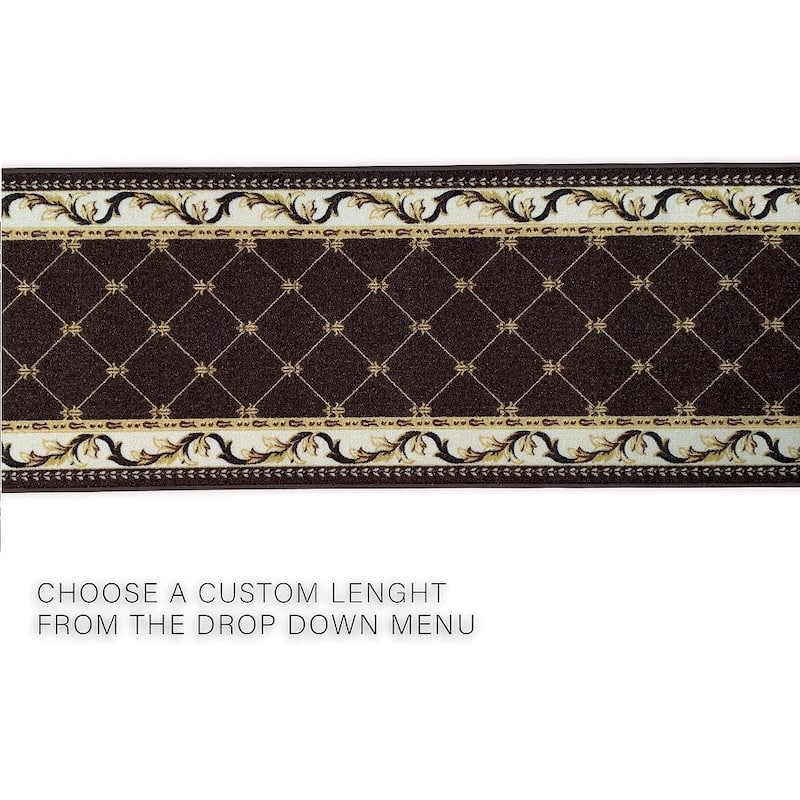 Custom Size French Trellis Design Blue,Brown,Red Color Non-Slip Rubber Backing-26 Inch WidexYour Choice of Length Runner Rug