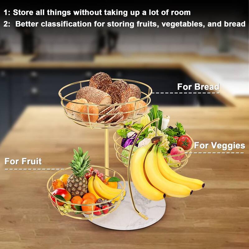 Fruit Basket Bowl with Banana Hanger, Metal Fruit Vegetable Storage Basket with Banana Holder