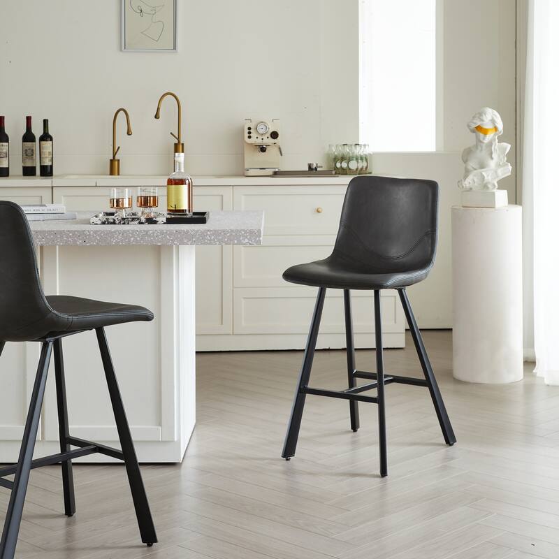 Set of 2 Bar Stool with Ergonomic Curved Backrest - Sturdy Black Metal Frame Counter Height Seating with Footrest