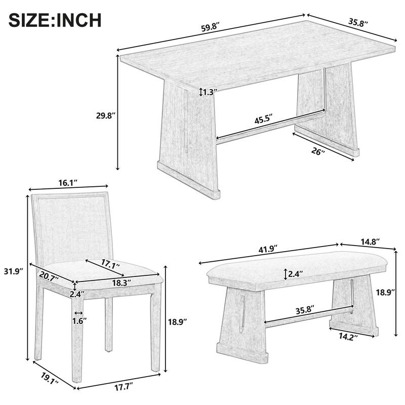 59.8" Farmhouse Dining Table with 4 Upholstered Chairs and 1 Padded Bench