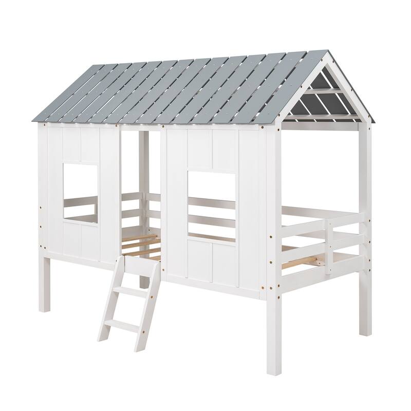 White Twin Size Low Loft House Bed with Roof and Front Windows for Kids