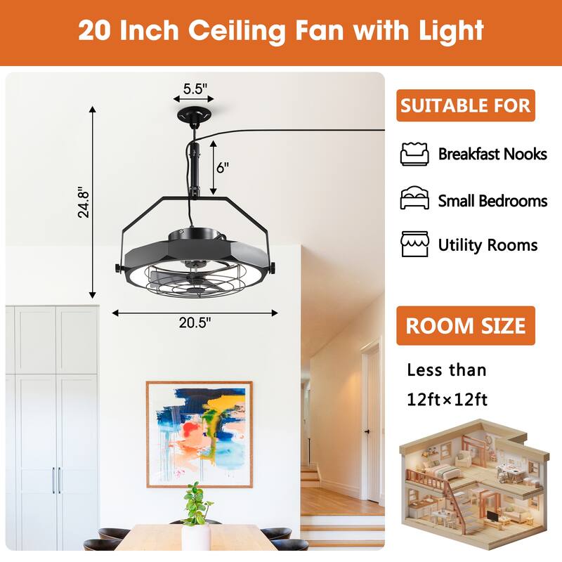 20" Industrial Black Integrated LED Caged Ceiling Fan Wall Mounted Fan with Light