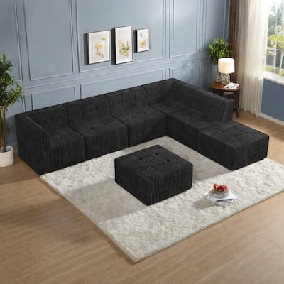 130.32" 7-Seat Modular L-Shaped Sectional Sofa with Sleeper Function, Corduroy Upholstery and No Assembly Required