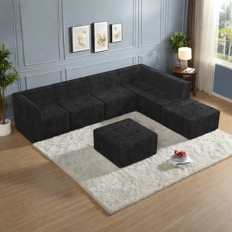 130.32" 7-Seat Modular L-Shaped Sectional Sofa with Sleeper Function, Corduroy Upholstery and No Assembly Required