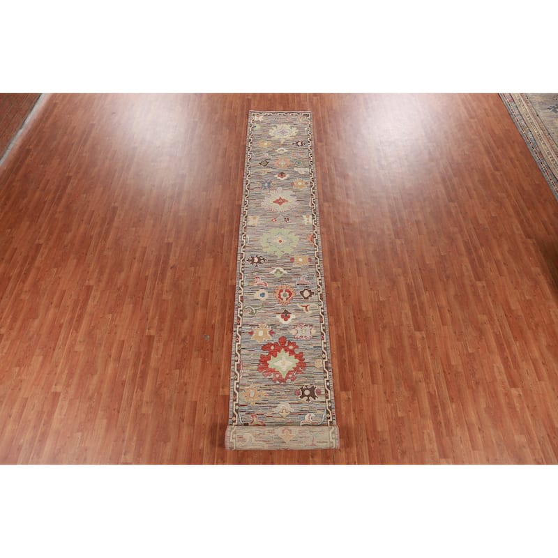 Hand Knotted Oriental 100% Wool Carpet Transitional Floral Multi-Colored Oushak Runner Rug - 19' 11'' X 2' 7''