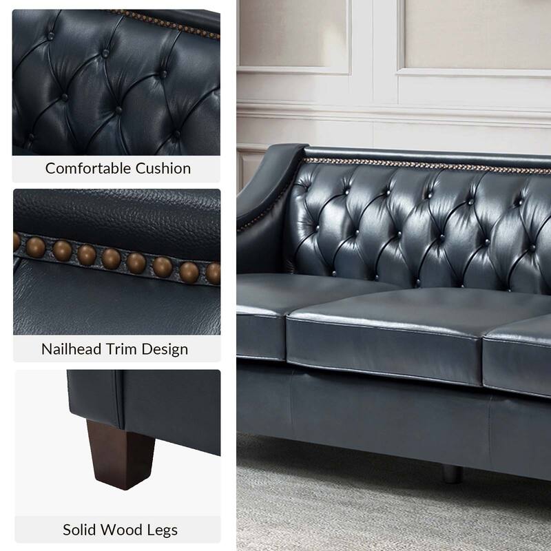 Mateo 82.28" Wide Transitional Genuine Leather Sofa with Nailhead Trim and Button-Tufted Back