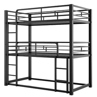 Metal Twin Size Triple Bunk Bed with Ladder and Guardrail, Black