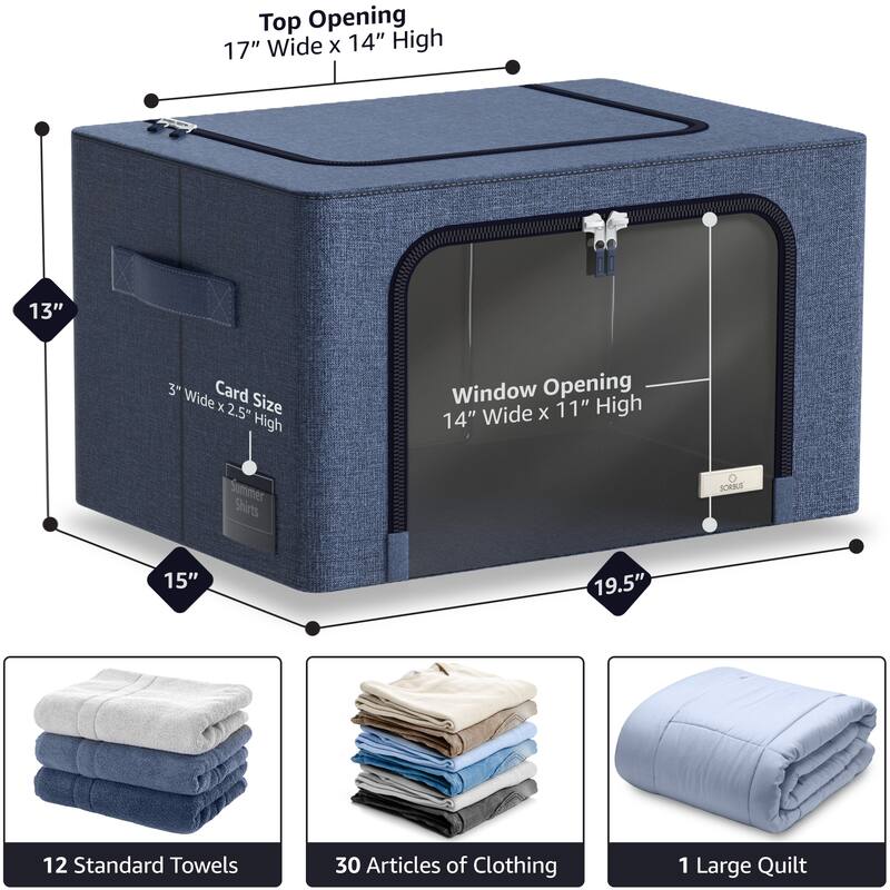 Sorbus Storage Bins with Metal Frame Stackable Foldable Clothes Organizer Bags Oxford Fabric With Clear Window & Handles- 4Pk