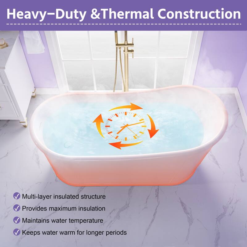 66'' W,68 GALLONS Freestanding Acrylic Soaking Bathtub With Drain And Overflow Holes