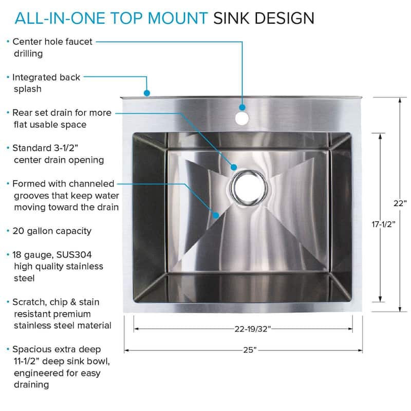 Transolid TFH-2522 25-in. Stainless Steel Laundry Sink with Wash Stand