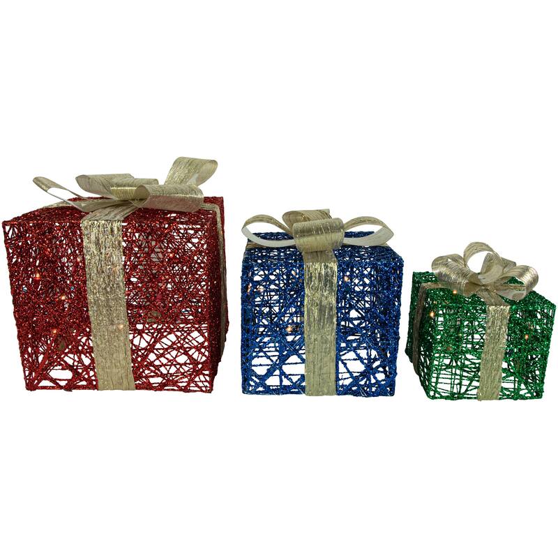 3 Lighted Red, Blue & Green Gift Boxes Christmas Decorations 9.75" - Red