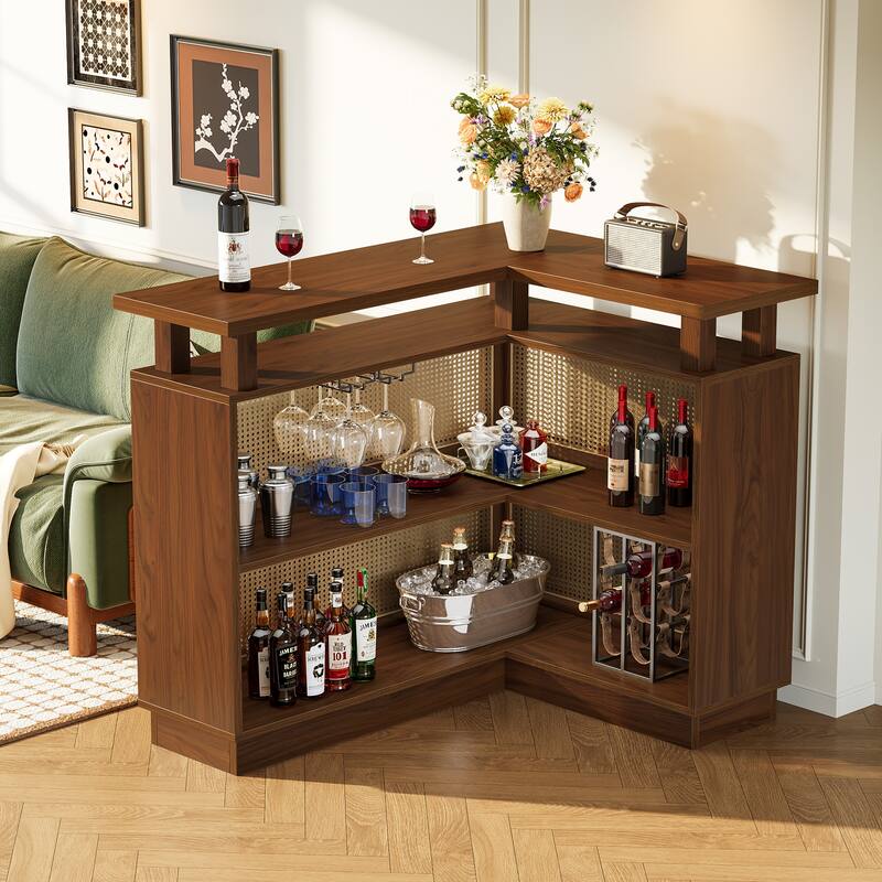 Rattan L Shaped Bar Table with 4-Tier Storage Shelf