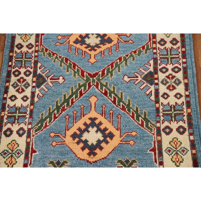Blue Kazak Oriental Foyer Rug Handmade Geometric Wool Carpet - 2'0" x 3'0"