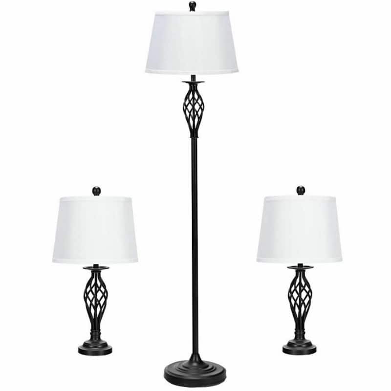 1 Floor Lamp and 2 Table Lamps Set with Fabric Shades - Black
