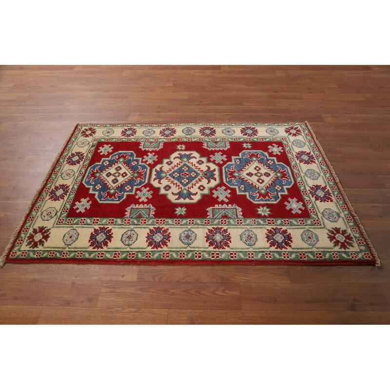 Red Kazak Foyer Rug Handmade Geometric Oriental Wool Carpet - 2'9"x 3'9"