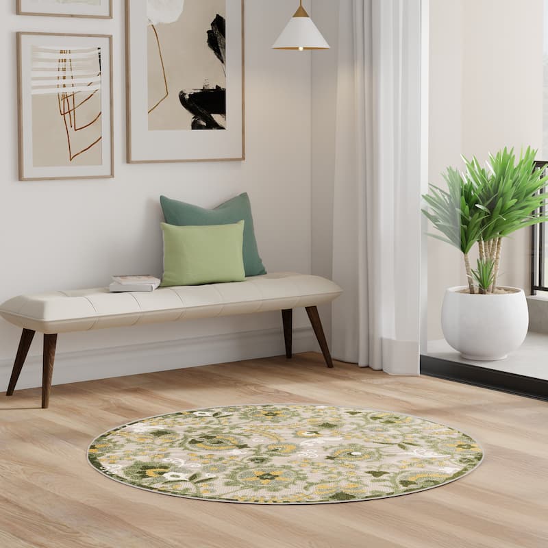 Nourison Alice Indoor/Outdoor Floral Area Rug - 5'3" x Round - Ivory/Green