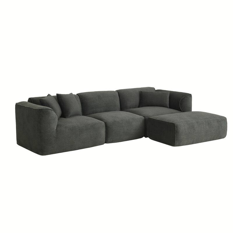 Double-Needle Cut Velvet Sofa, Upholstered Sofa with 1 Detachable Footstool & 3 Throw Pillows, Comfy 4-Seater Corner Sofa
