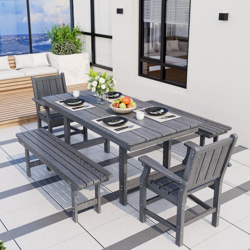 Gray 5/6-Piece HDPE Patio Dining Set with Rectangular Table & Bench