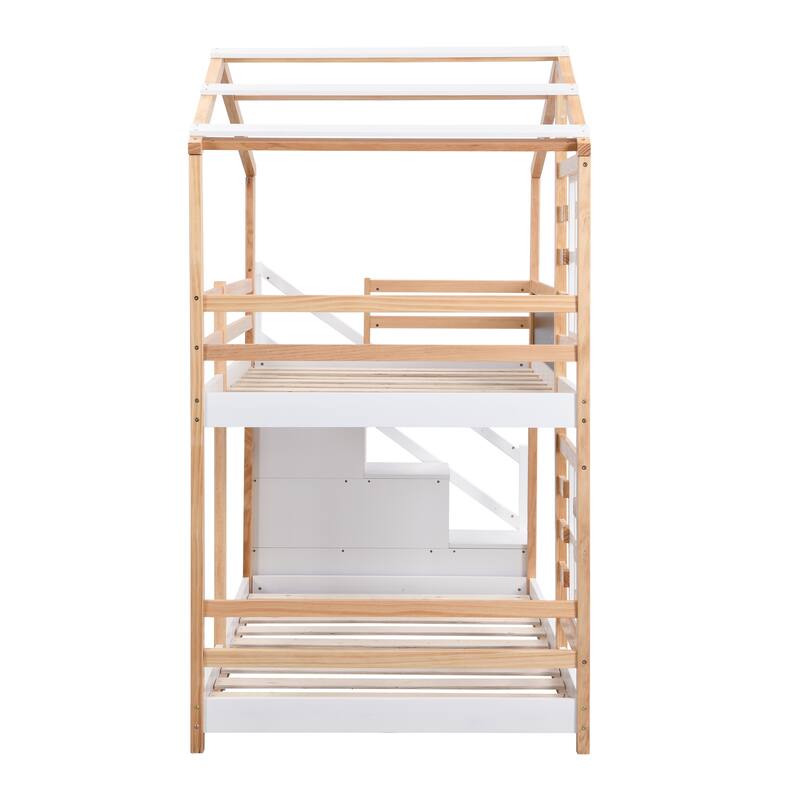 Twin over Twin Bunk Bed House Bed With Roof Windows Blackboard And Storage Ladder Platform Bed, bed Frame
