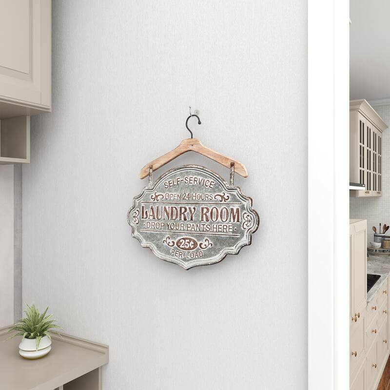 Gray Metal Laundry Room Sign Home Wall Decor with Brown Wood Hanger