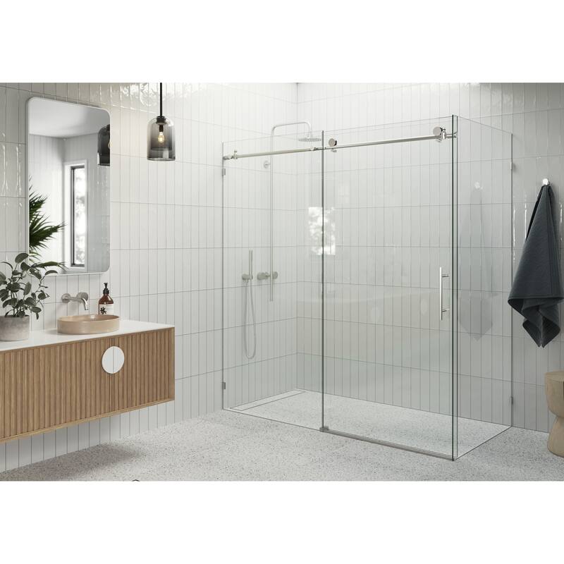 Glass Warehouse 68 in - 72 in x 30 in x 78 in Frameless Sliding Shower Door with Return Panel - Brushed- Nickel