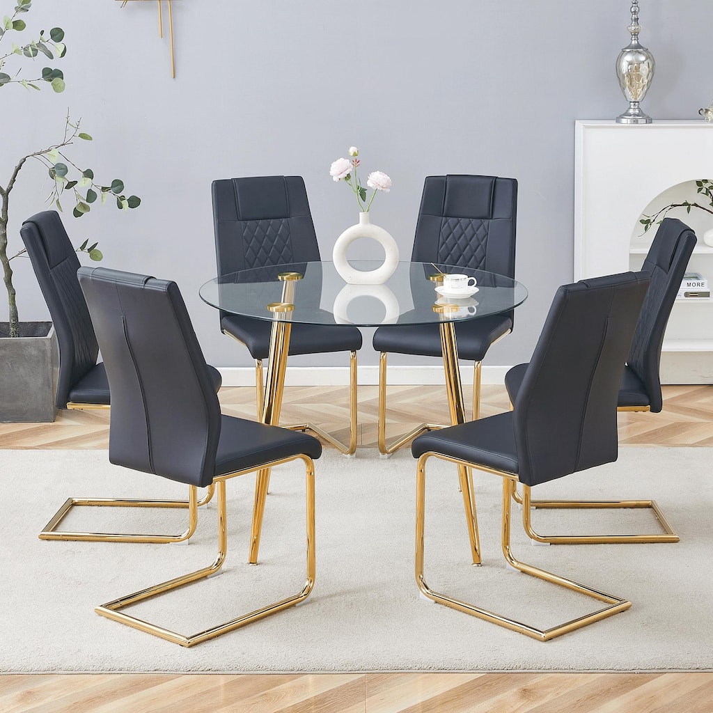 Roomfitters 7pcs Glass Dining Table Set with Gold Metal Legs and PU High Back Chairs, Modern Luxury Furniture, Black