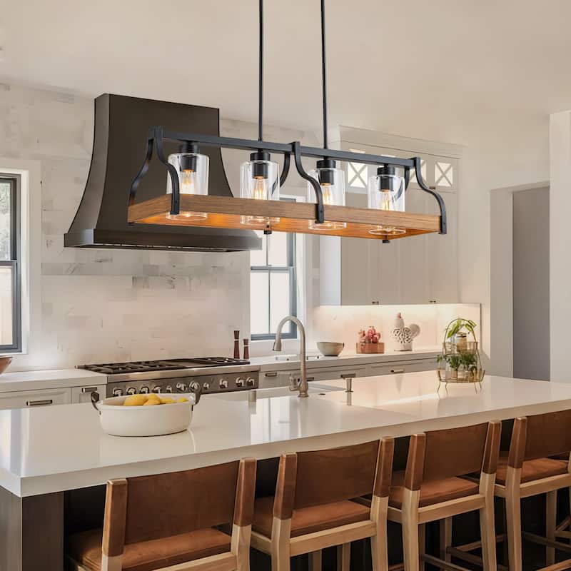 Starsky 4-Light Modern Farmhouse Black Chandelier Wooden Linear Kitchen Island Light