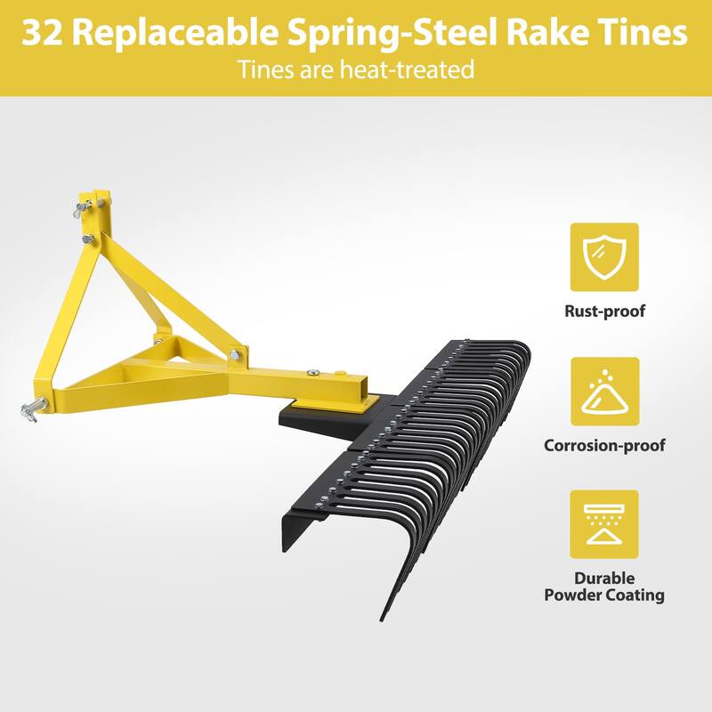 60'' Heavy Duty Rock Rake Tow-Behind Garden Tool for Compact Tractors