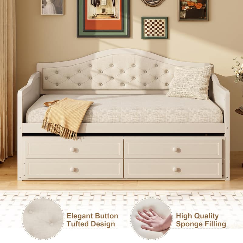 Twin Daybed with Trundle, Twin Size Daybed with 2 Storage Drawers, Wooden Sofa Bed with Upholstered Button Tufted Backrest