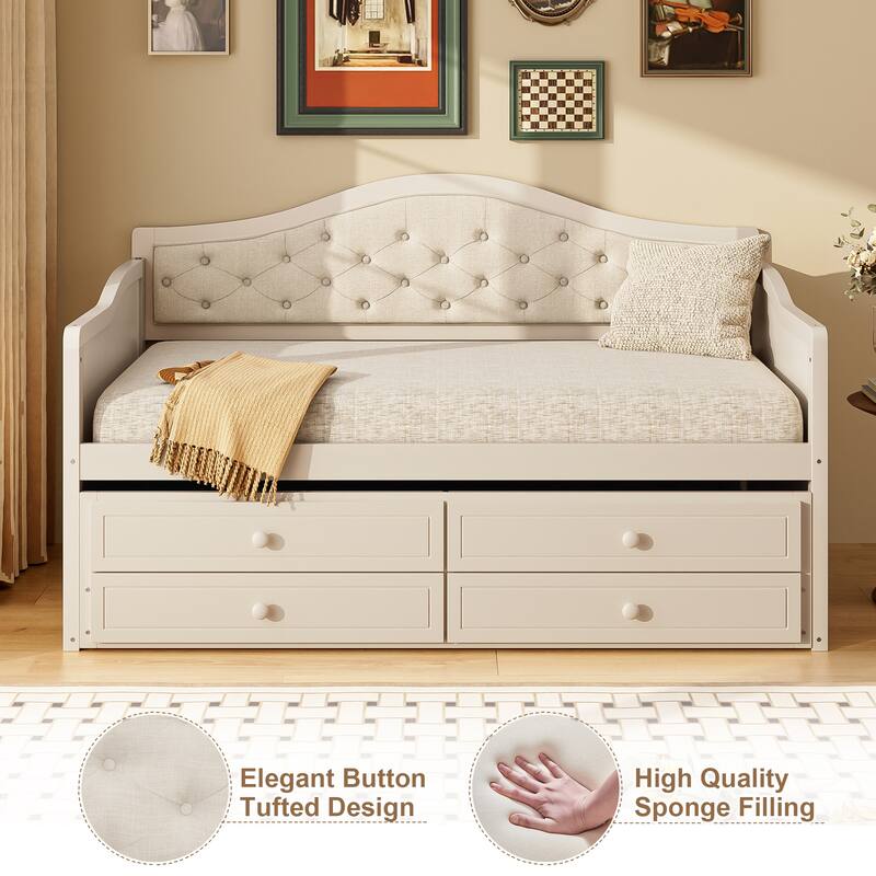 Wooden Frame Day Bed, Twin Size Daybed with Trundle Bed, Upholstered Tufted Button Backrest Sofa Bed with 2 Storage Drawers
