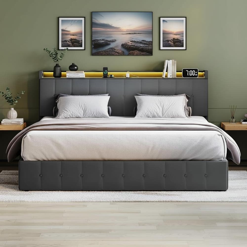 Bed Frame with Lift Up Storage and Charging Station