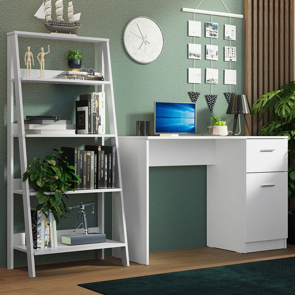 Madesa Compact Desk 43" + Ladder Shelf Standing Bookcase - White