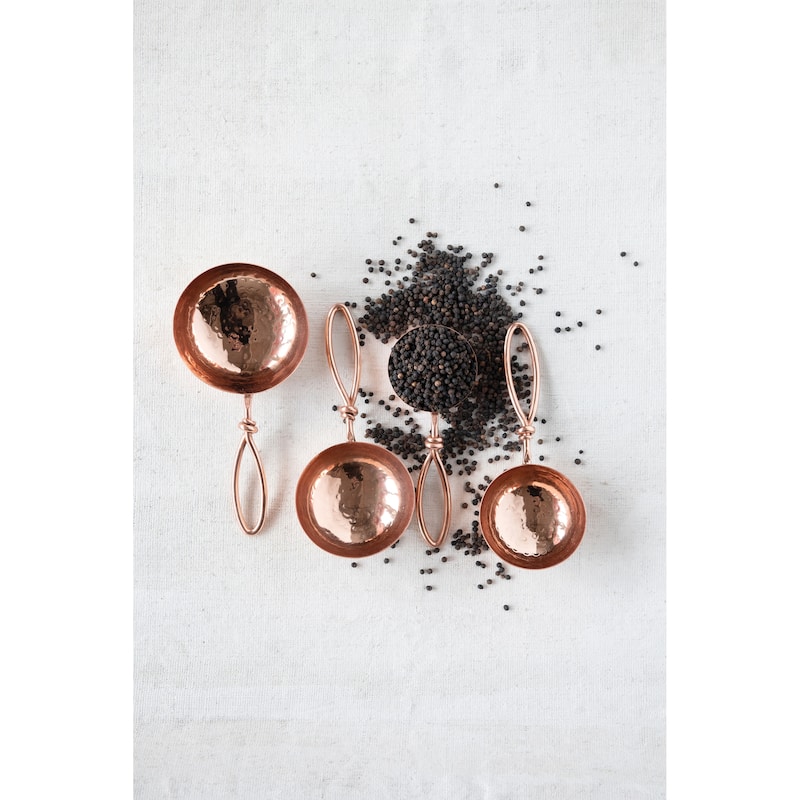 Hammered Stainless Steel Scoops with Leather Tie (Set of 4 Sizes) - Brown